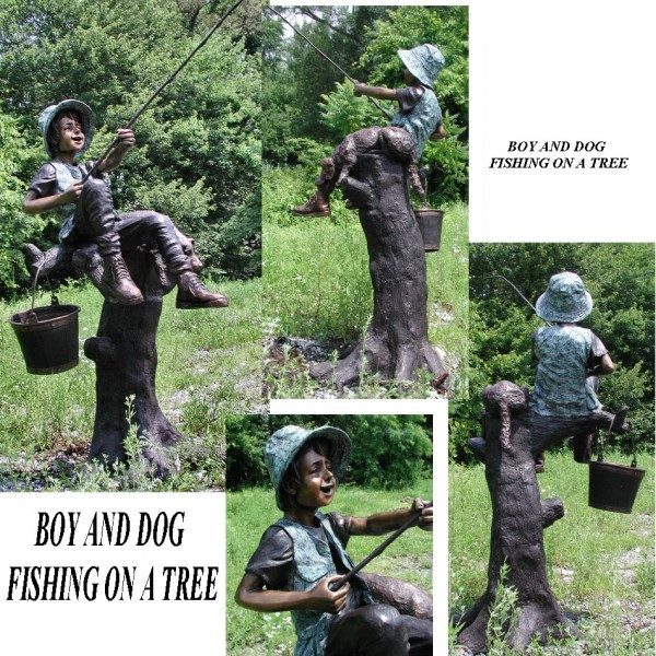 Life Size Bronze Statue Boy & Dog Fishing on Tree Sculpture Garden